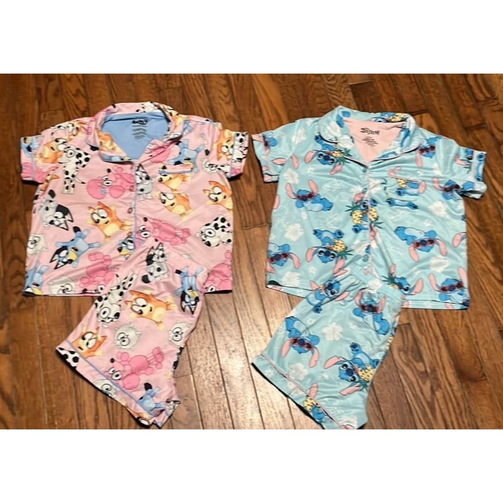 Girls Size 10/12 Lot, Pjs Lilo & Stitch, Bluey Matching Short Sets No Wear